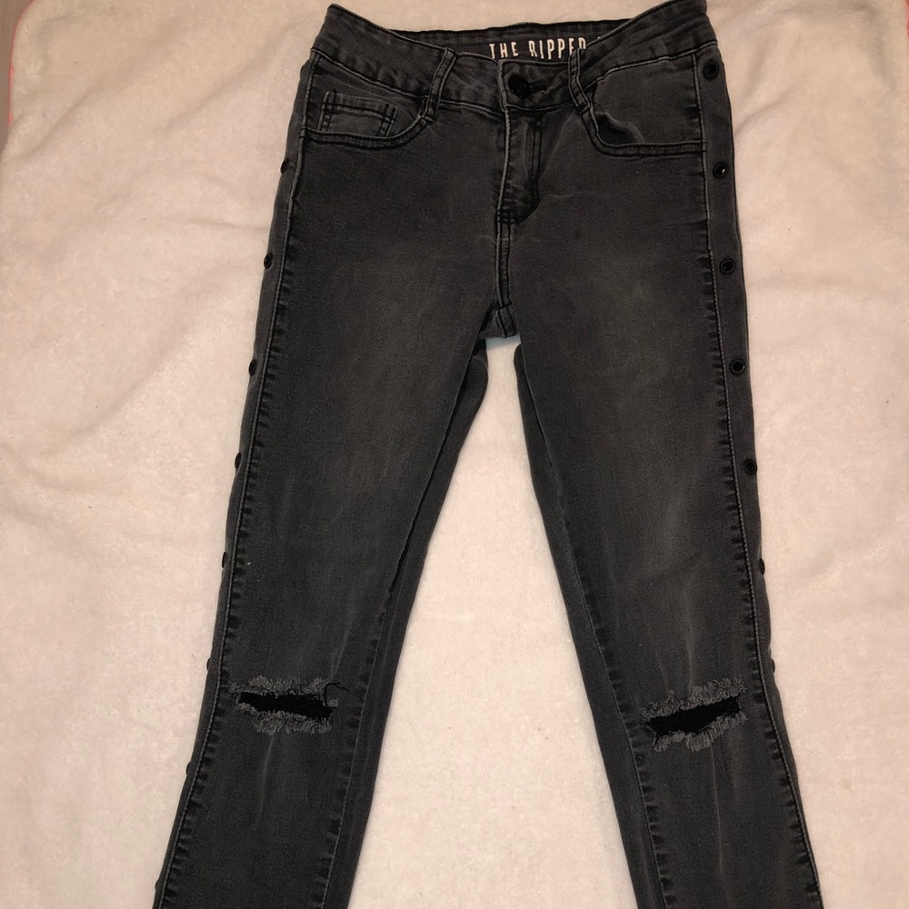 Gray/ gunmetal colored ripped jeans